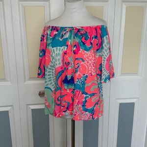 Lilly Pulitzer Sain Top Blouse Womens Size Medium off the shoulder short sleeves